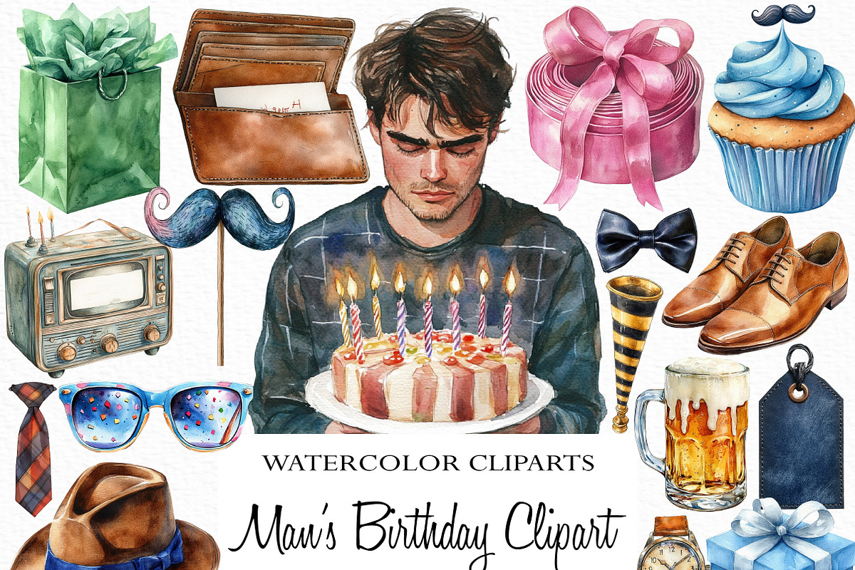 Watercolor Man’s Birthday Clipart, an Illustration by Craft Nest (Photo 1 of 6)