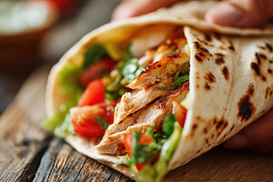 Grilled chicken wrap with fresh vegetables, a Food & Drink Photo by AlyaAnd