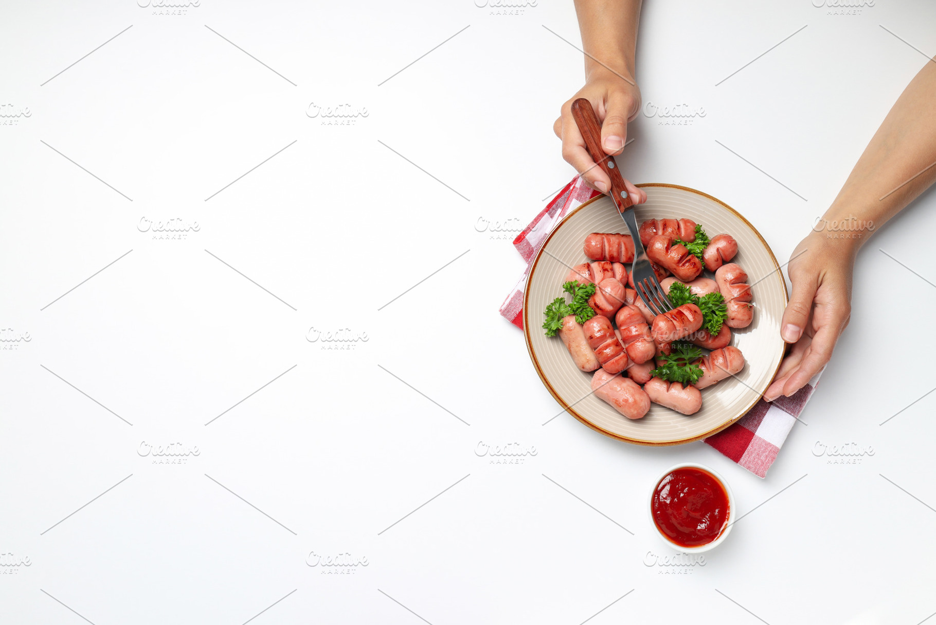 Concept of tasty food, grilled mini sausage, space for text, a Background Photo by AtlasStudio PRO