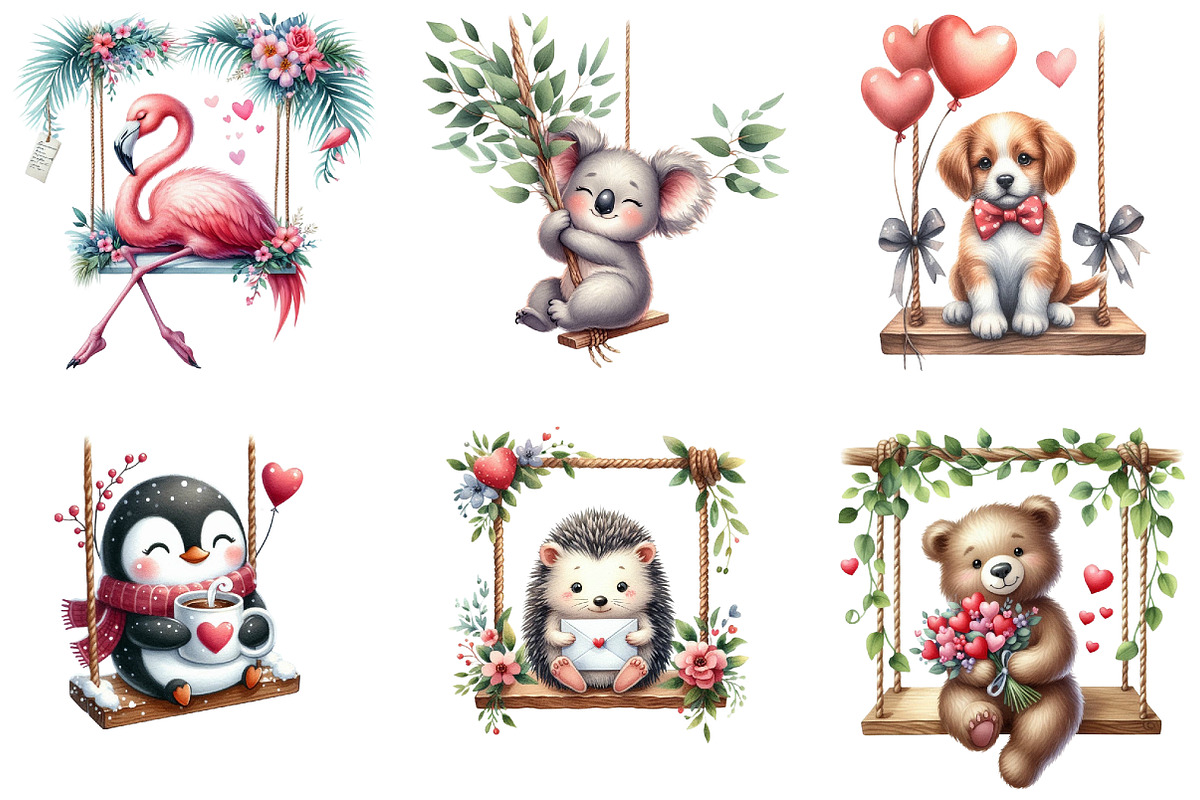 Valentines Animals on Swings Clipart, a Seasonal Illustration by DreamArtGraphic (Photo 3 of 5)