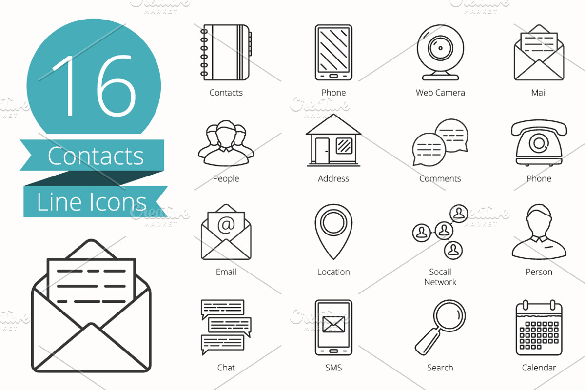 16 Contacts Line Icons, an Outline Icon by PixMarket