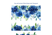 Blue Watercolor Roses Flowers Leaves, an Illustration by GraphicsDish (Thumbnail 3 of 3)