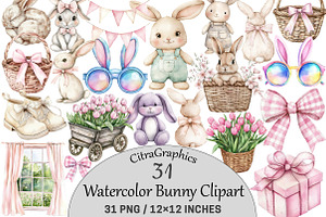 Watercolor Bunny Clipart, a Seasonal Illustration by CitraGraphics