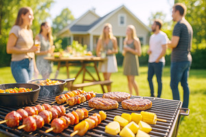 Summer BBQ party with friends enjoyi, a Photo by Dvoevnore photos