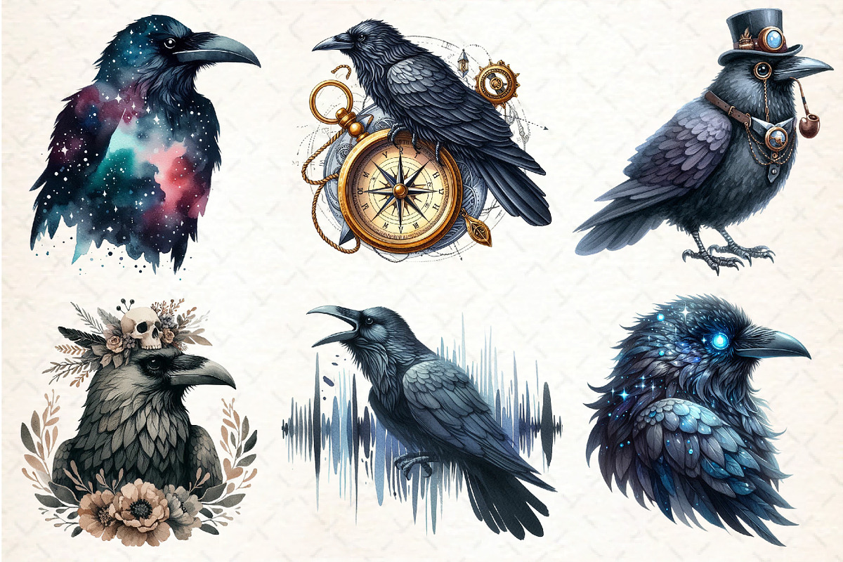 Watercolor Raven Clipart, an Illustration by DreamCafeArt (Photo 3 of 6)