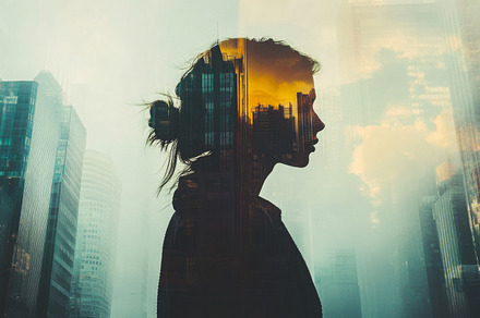 Abstract Double Exposure of Woman and City – Mental Health Con