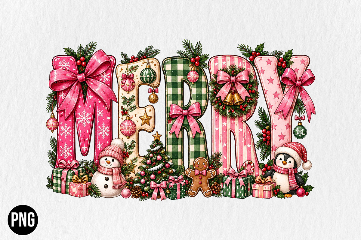 Preppy Merry Coquette Christmas PNG, a Seasonal Illustration by CraftArtStudio (Photo 1 of 4)