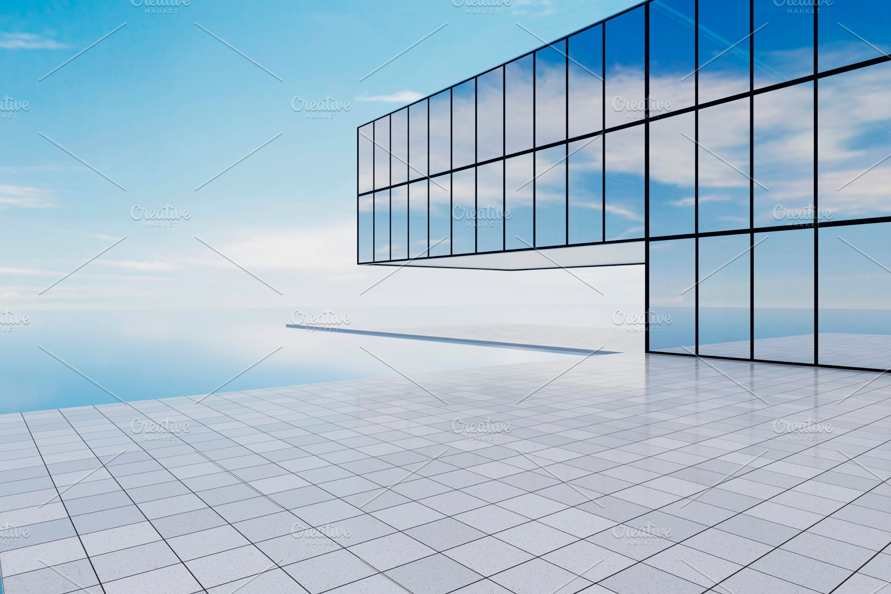 Modern glass building over water with minimal architecture, an Architecture Photo by RF Images