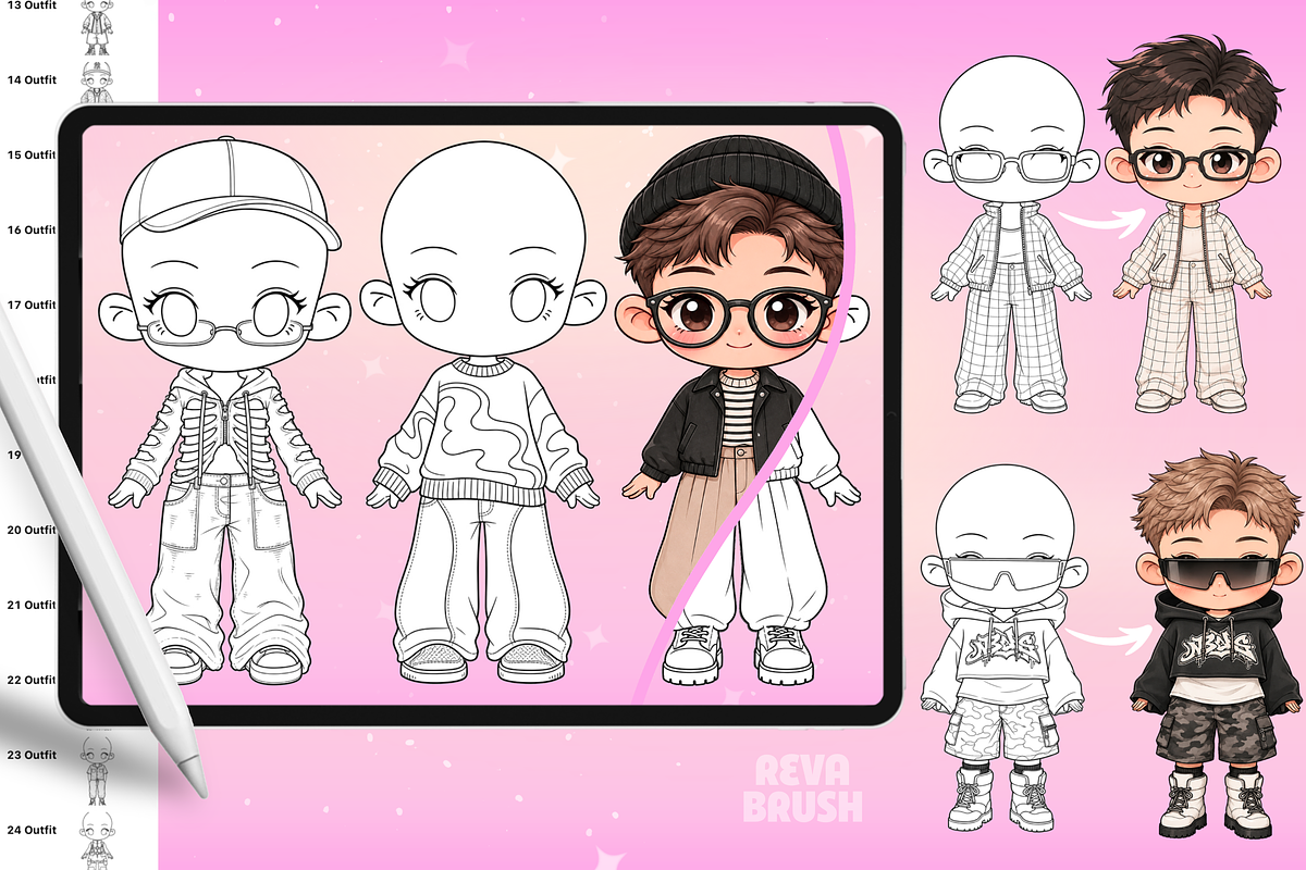 Chibi Procreate Outfit Pose brushes, a Brush Add-On by Revabrush (Photo 16 of 18)