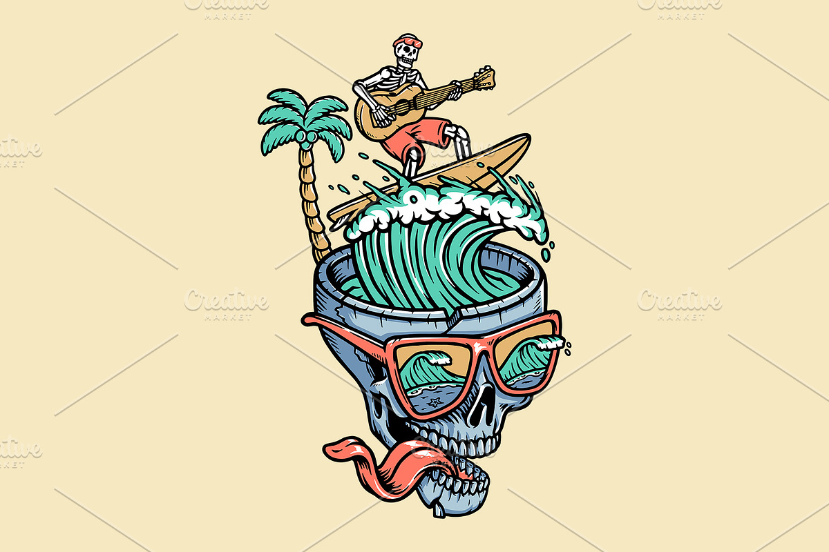 Skull surfing while playing guitar, a Person Illustration by gunaonedesign (Photo 1 of 4)