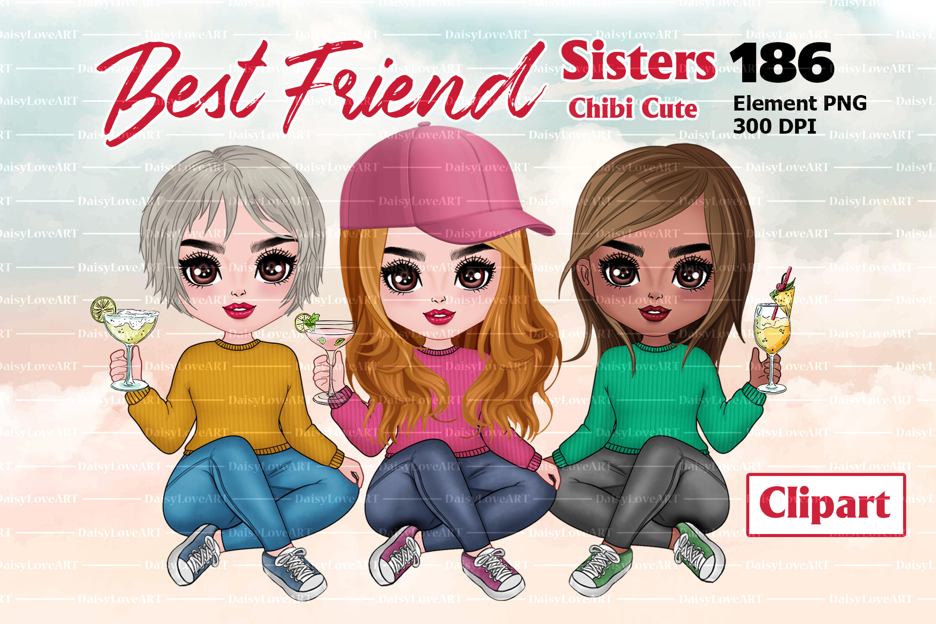 Best friends Chibi Cocktails Clipart, an Illustration by DaisyLoveART