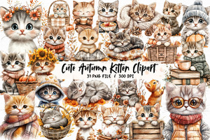 Cute Autumn Kitten Clipart, an Illustration by Libby Wishes