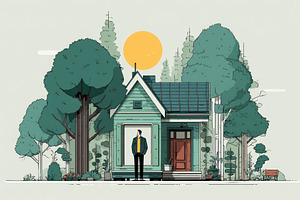Illustration of small green house with solar panels in forest se, a Technology Photo by José Manuel Gelpi