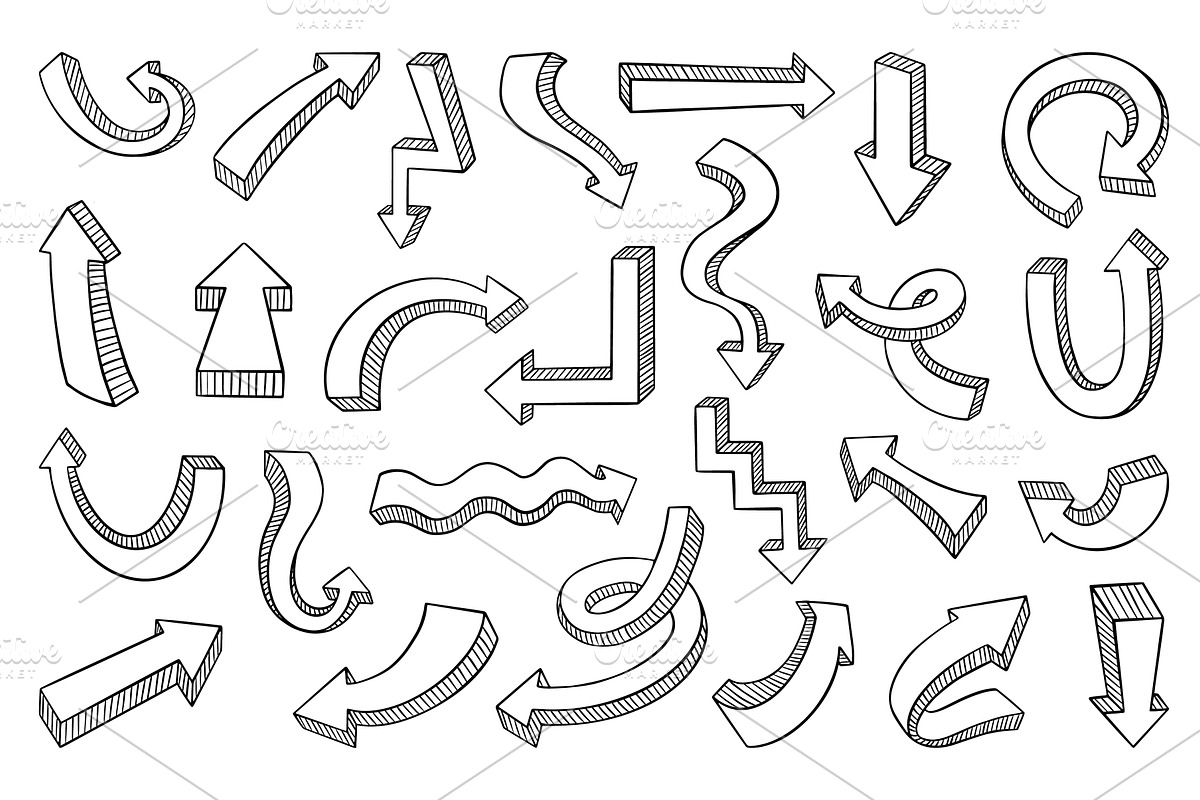 Hand drawn 3d arrows. Doodle arrow, an Object Illustration by Valerie Bodnar