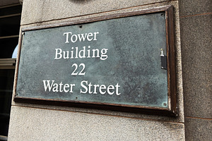 Tower Building 22 Water Street historic office entrance and weat
