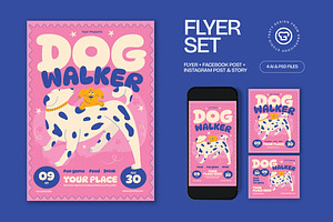 Pink Quirky Illustration Dog Walker, a Flyer Template by graphicook