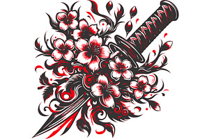 Katana and Cherry Blossoms vector, an Object Illustration by AlexArt
