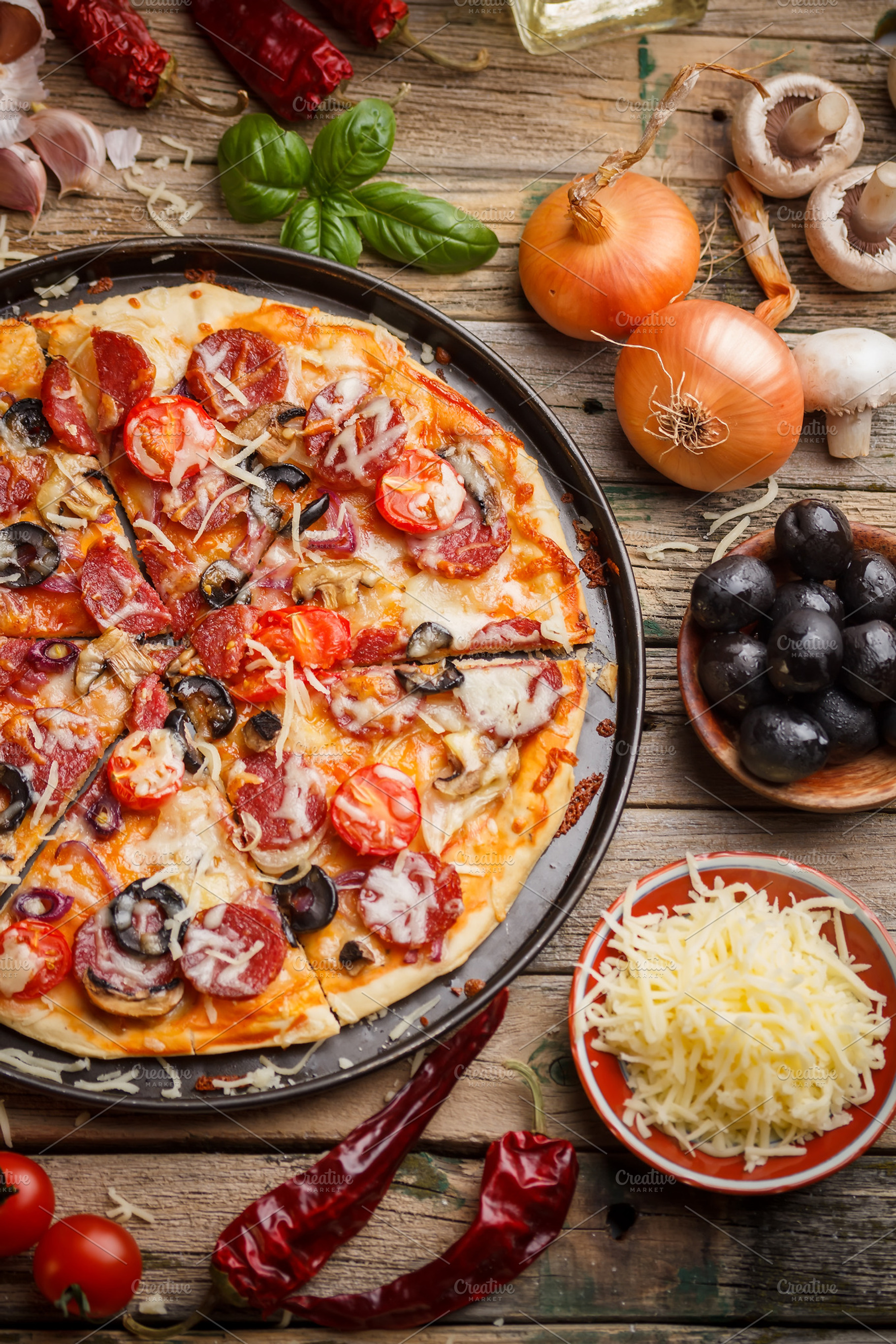 Tasty pizza containing pizza, photography, and top view