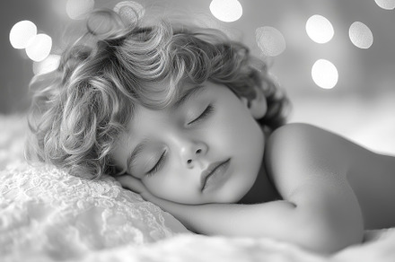 Little child boy sleeps in a crib in black and white colors, a Person Photo by AlyaAnd