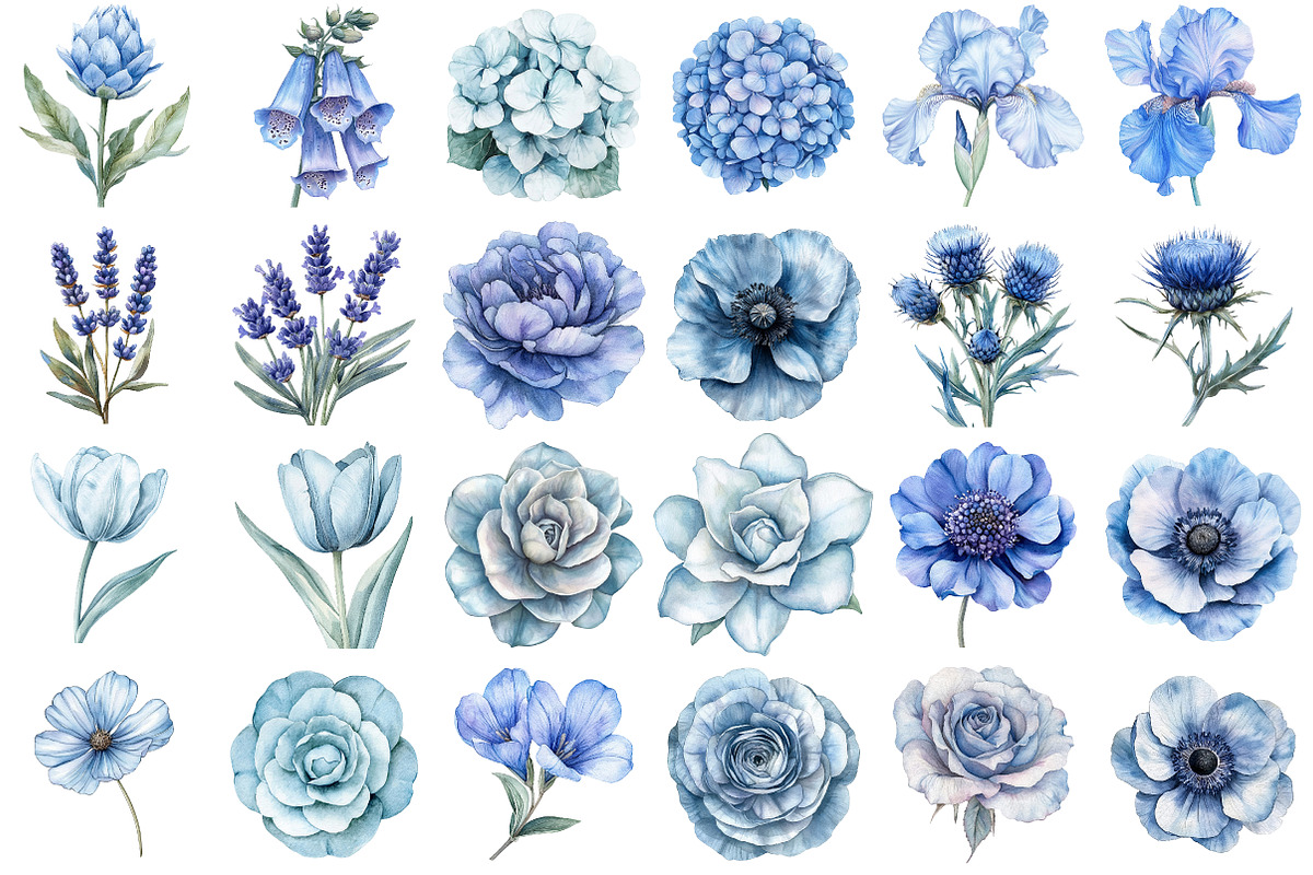 Dusty blue watercolor floral clipart, an Illustration by Watercolor design (Photo 2 of 5)