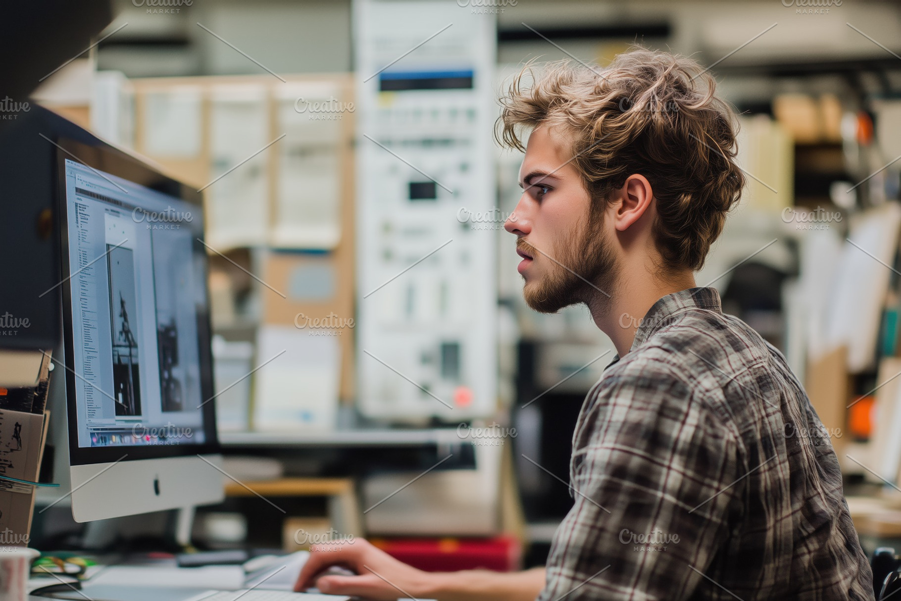 A young industrial designer man with curly hair focused on a computer screen in, a Person Photo by Textures & Backgrounds