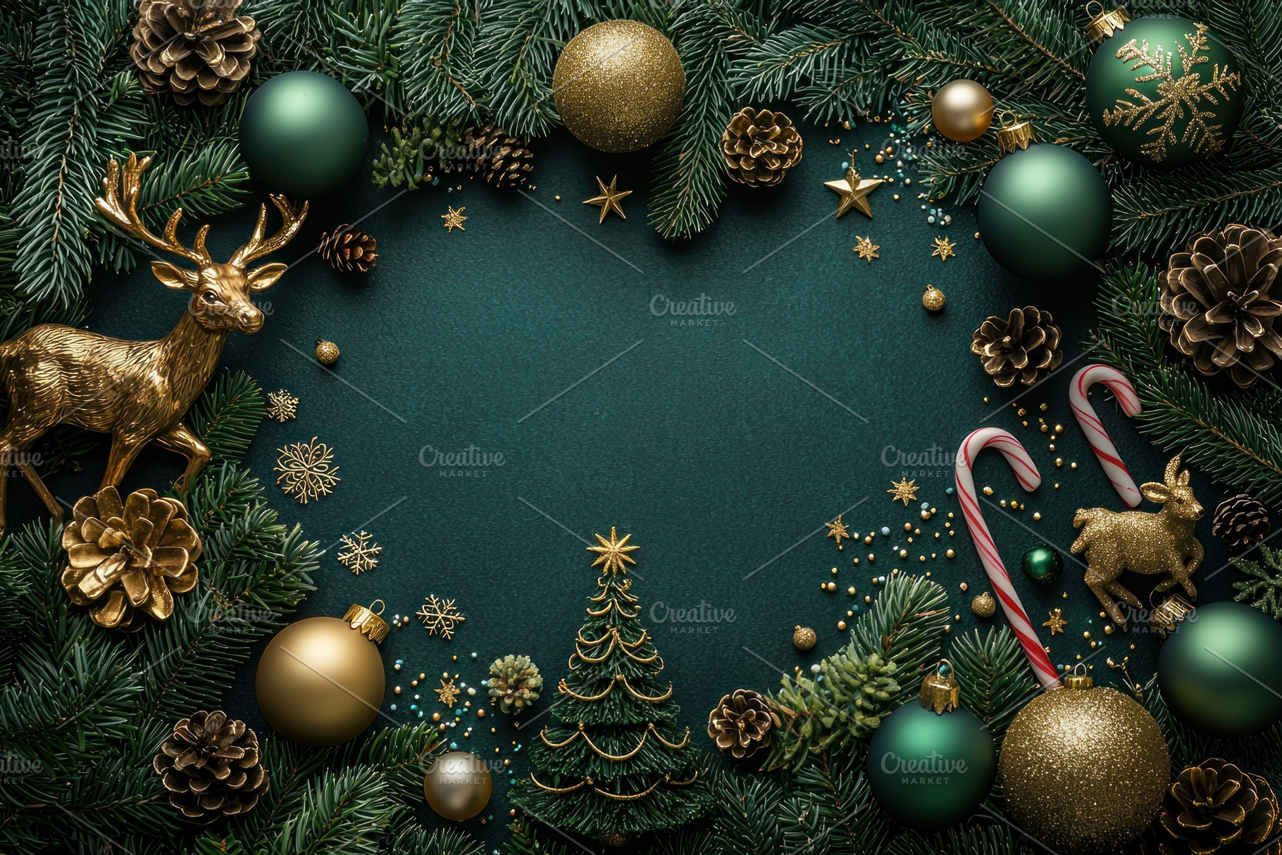 Christmas flat lay with golden ornaments, reindeer decorations, pinecones, cand, a Wallpaper Photo by José Manuel Gelpi