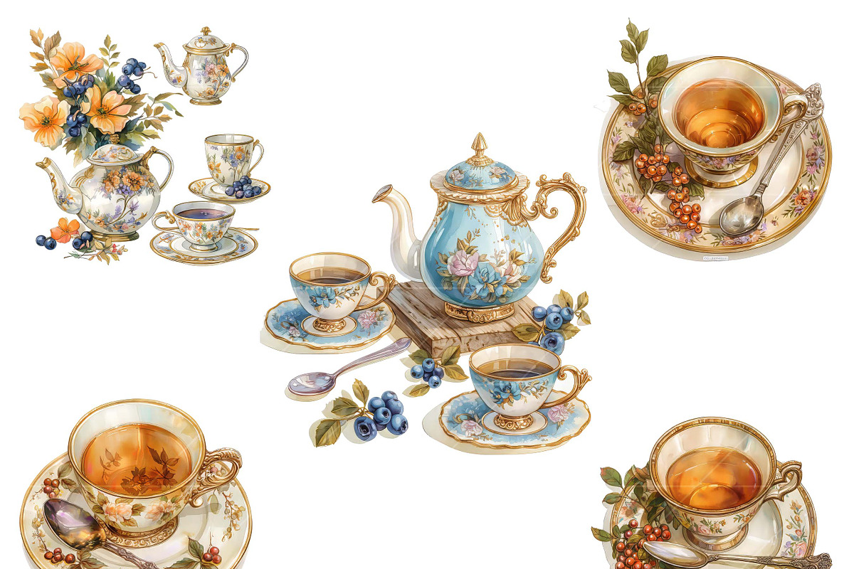 Watercolor Tea Set Clipart Bundle, an Object Illustration by Design ...