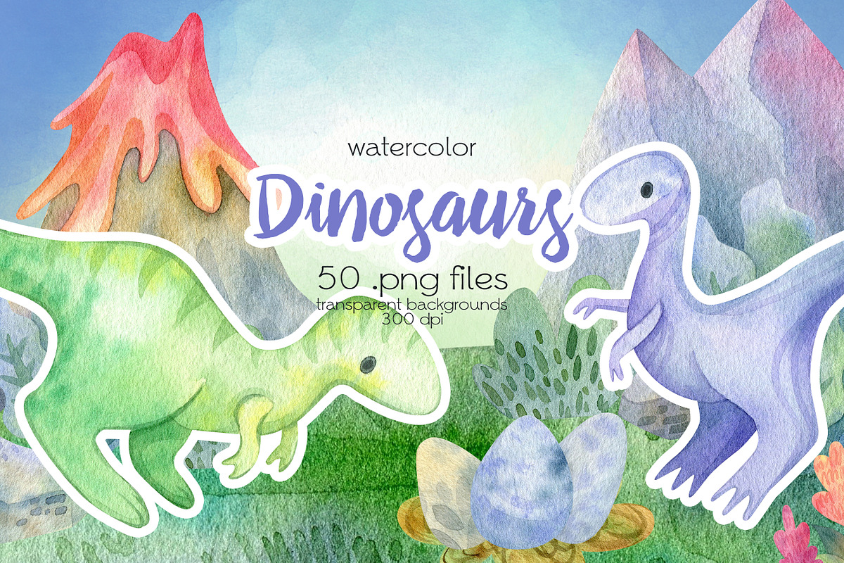 Watercolor Dinosaurs Clipart, an Illustration by OllyKo Art (Photo 1 of 4)
