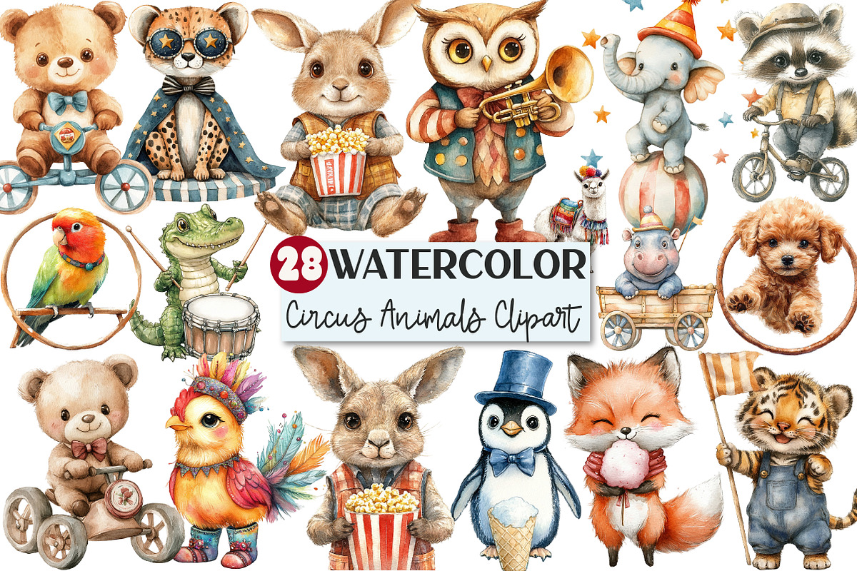 Watercolor Cute Baby Circus Animals, an Illustration by Rose Art (Photo 1 of 7)