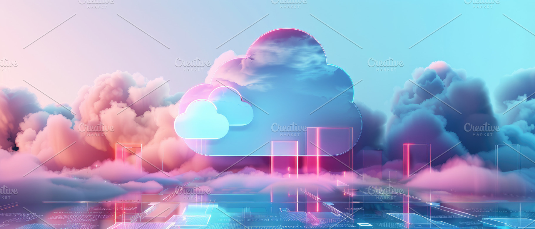 A vibrant neon-lit scene with clouds, a Photo by LOGOCREATIVE
