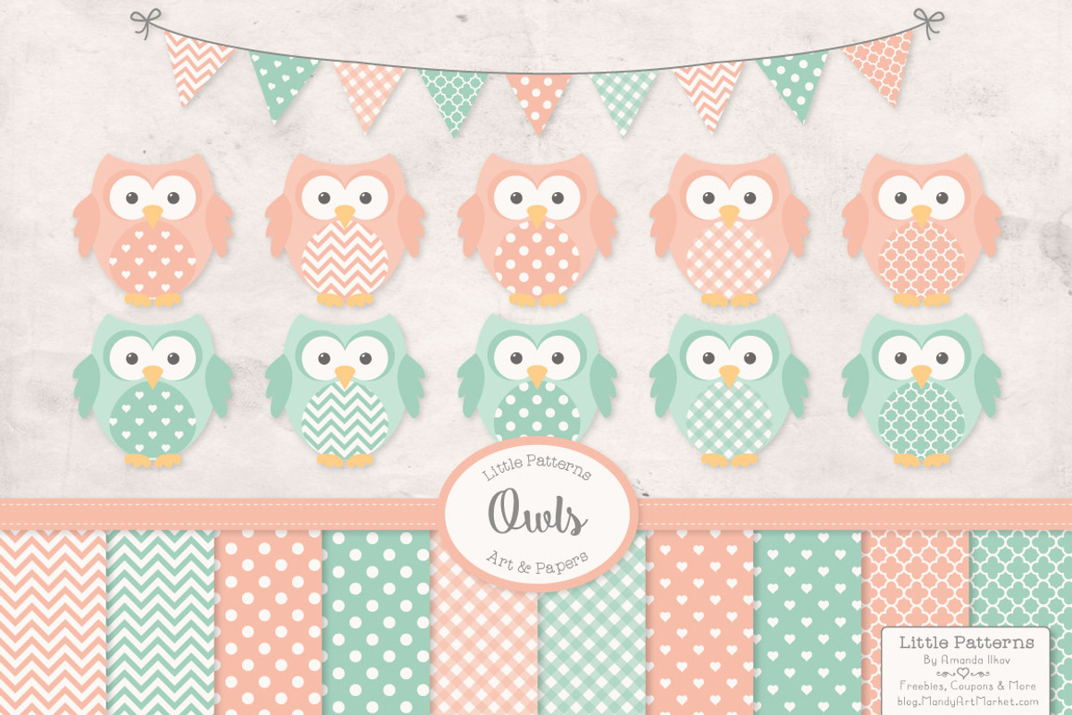 Mint & Peach Owl Clipart & Papers, an Animal Illustration by Amanda Ilkov (Photo 1 of 3)