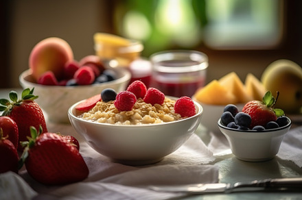 Tasty oatmeal with fruits in bowl on table, a Food & Drink Photo by AlyaAnd