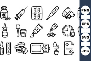Hand Drawn Medical Supplies Clipart, an Illustration by designvectx