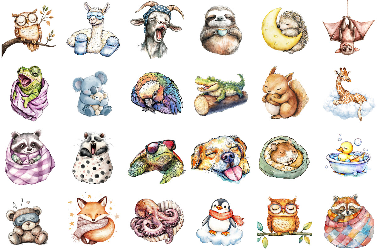 Funny Cartoon Sleepy Quirky Animals, an Illustration by Sublimation Artist (Photo 2 of 6)