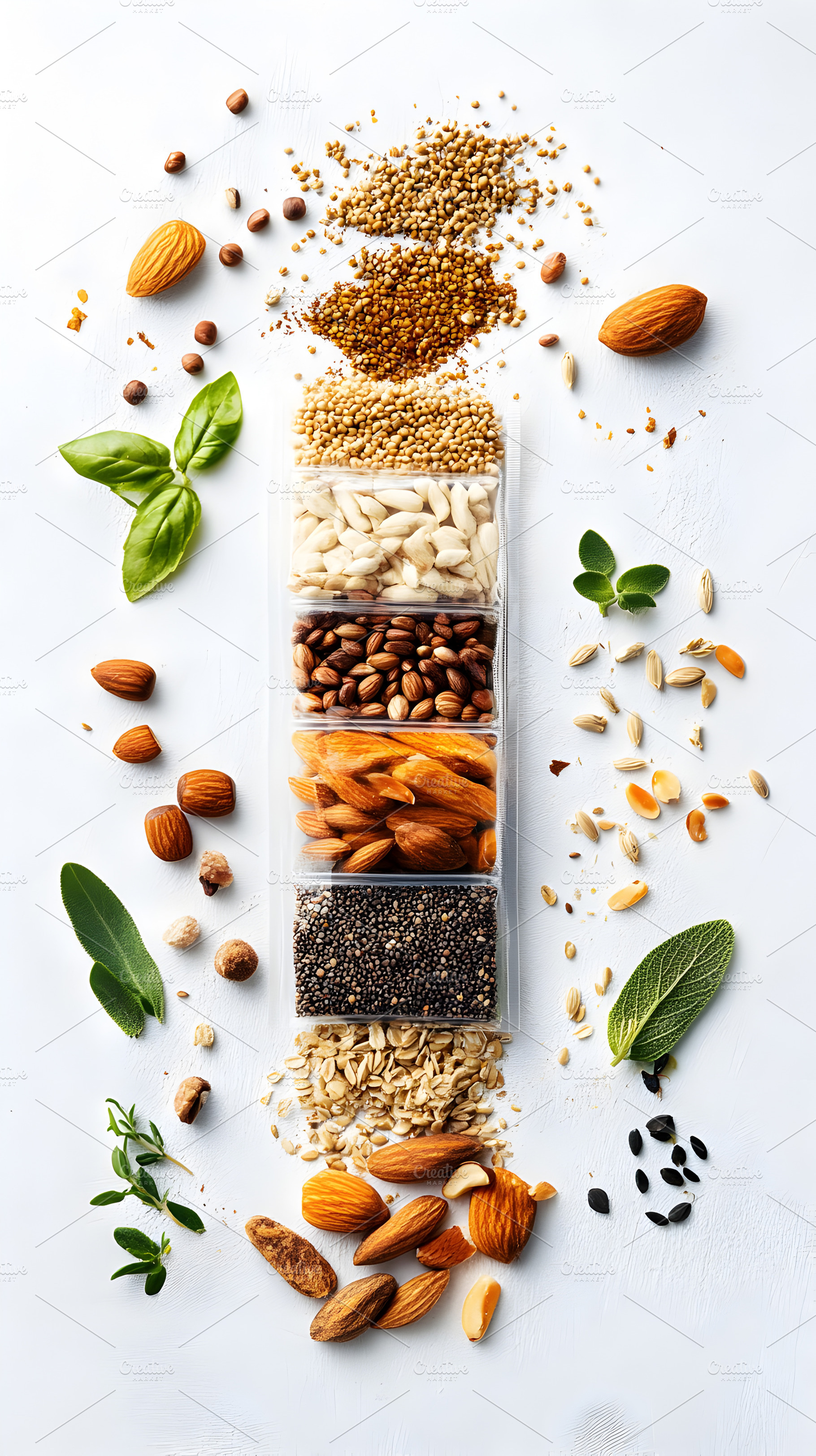 Assorted seeds and nuts in transpare, a Food & Drink Photo by Photostock