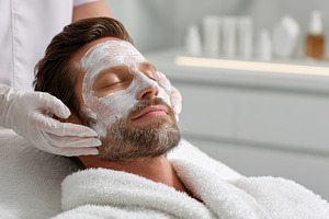 Man receiving facial treatment at sp, a Photo by Pixeness Studio