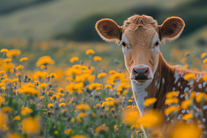 A brown calf surrounded by vibrant yellow flowers, capturing a serene and pasto, an Animal Photo by ImageMir