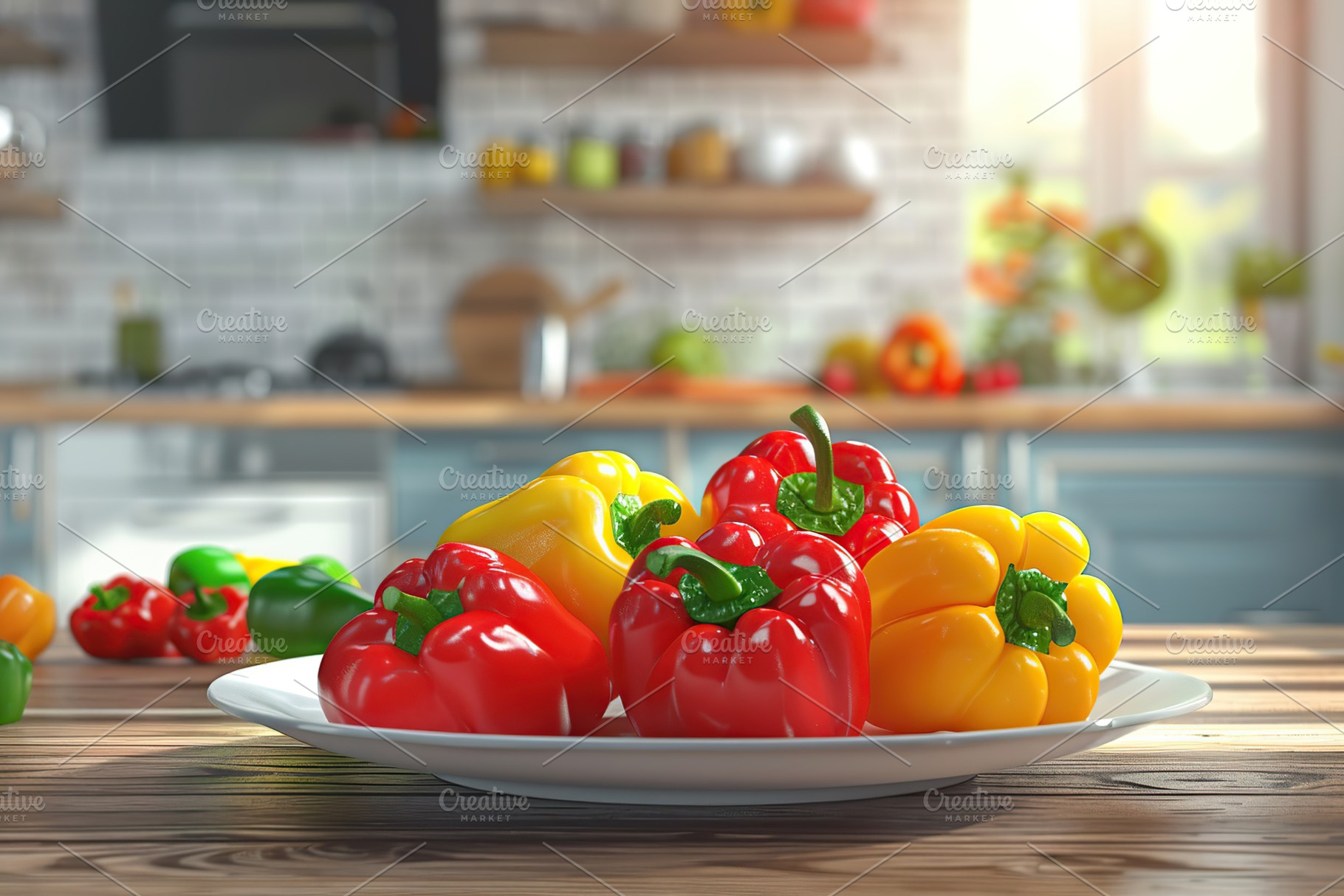 Ripe colorful peppers in plate on blurred kitchen background, a Food & Drink Photo by AlyaAnd