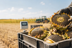 Sunflower harvest scene with farmer, a Photo by Dvoevnore photos