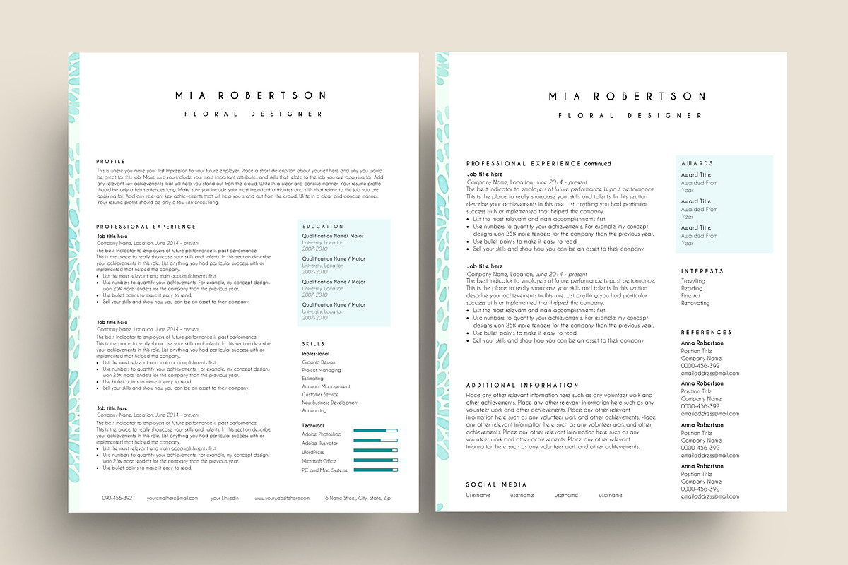 creative resume template word blue, a Resume Template by PinkJellyfish (Photo 2 of 3)