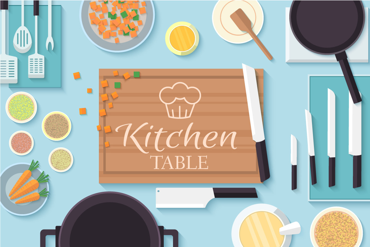 Flat kitchen table vector concept, a Food Illustration by LineTale