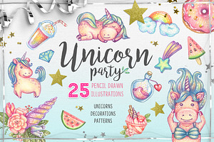 Unicorn Party. Hand Drawn Set