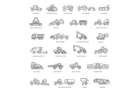 Agricultural machinery icons, an Outline Icon by Tettygreen
