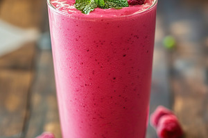 Healthy detox pink drink with fresh raspberries and mint on a wooden table, a Food & Drink Photo by AlyaAnd