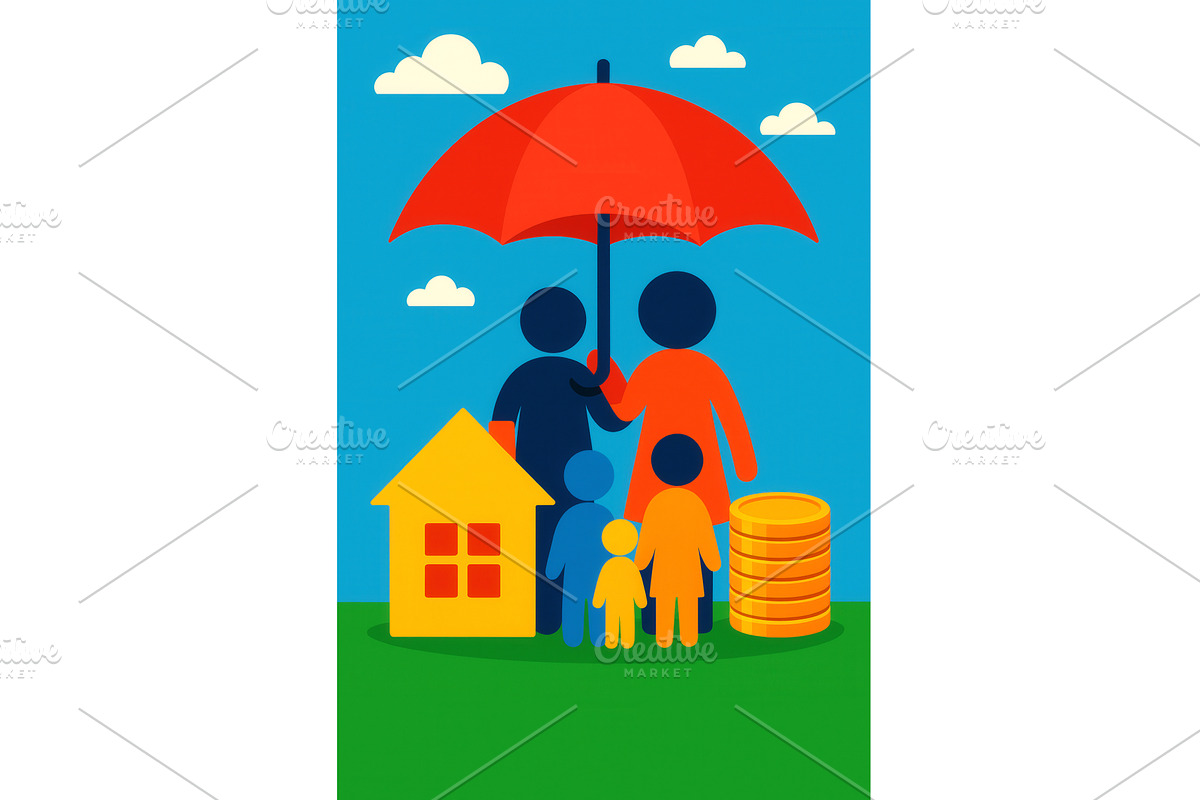 Illustrated family under a red, an Illustration by Sergey Kotenev