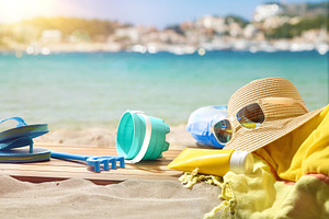 Summer Beach Essentials Near Turquoise Water, a Holiday Photo by Davizro's Market