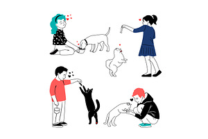 Children feed pets. Girl takes care, an Animal Illustration by Stock-Smart-Start