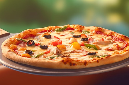 Pizza capricciosa homemade outdoors in the garden, online delive, a Photo by Anneleven