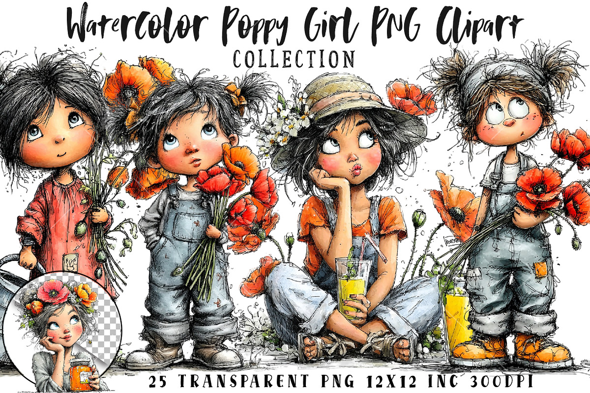 Whimsical Poppy Girl PNG Clipart Set, a Seasonal Illustration by OK Design (Photo 1 of 6)