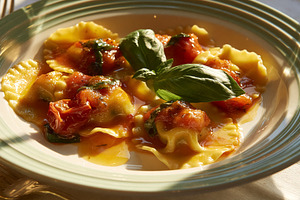 Fresh ravioli pasta with tomato and basil sauce, traditional Italian cuisine di, a Photo by Studio ANNA